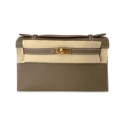 Hermes Kelly Mini Pochette Bag Etoupe Swift Leather Gold Hardware