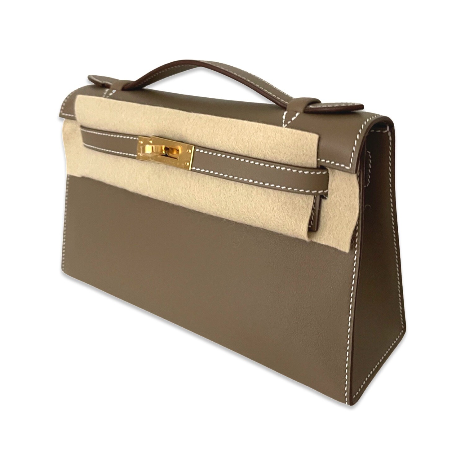 Hermes Kelly Mini Pochette Bag Etoupe Swift Leather Gold Hardware