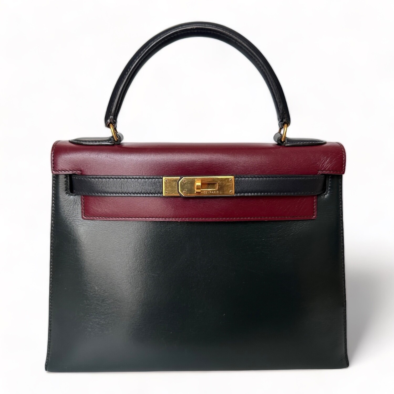 Hermes Kelly Vintage Bag 28cm Tricolor Box Leather Gold Plated Hardware