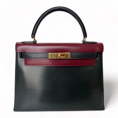 Hermes Kelly Vintage Bag 28cm Tricolor Box Leather Gold Plated Hardware