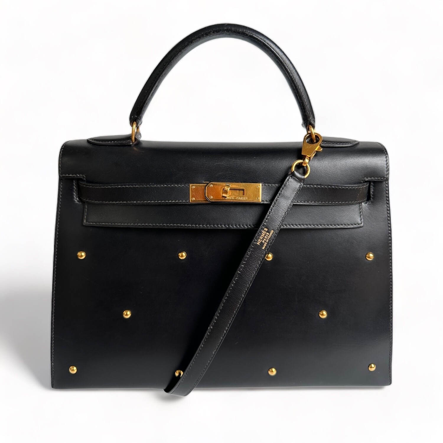 Hermes Kelly Vintage Bag 32 Black Box Leather Gold Hardware