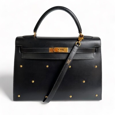 Hermes Kelly Vintage Bag 32 Black Box Leather Gold Hardware