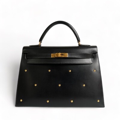 Hermes Kelly Vintage Bag 32 Black Box Leather Gold Hardware