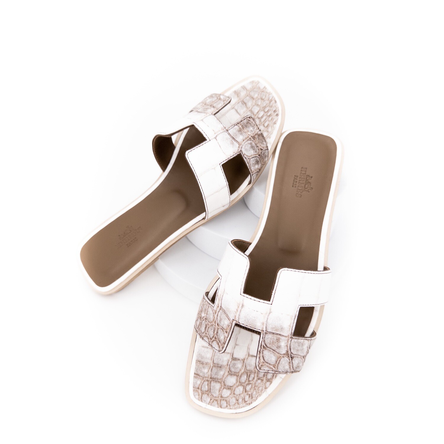 Hermes White Blanc Matte Niloticus Crocodile Himalaya Oran Slides Sandals Size 39