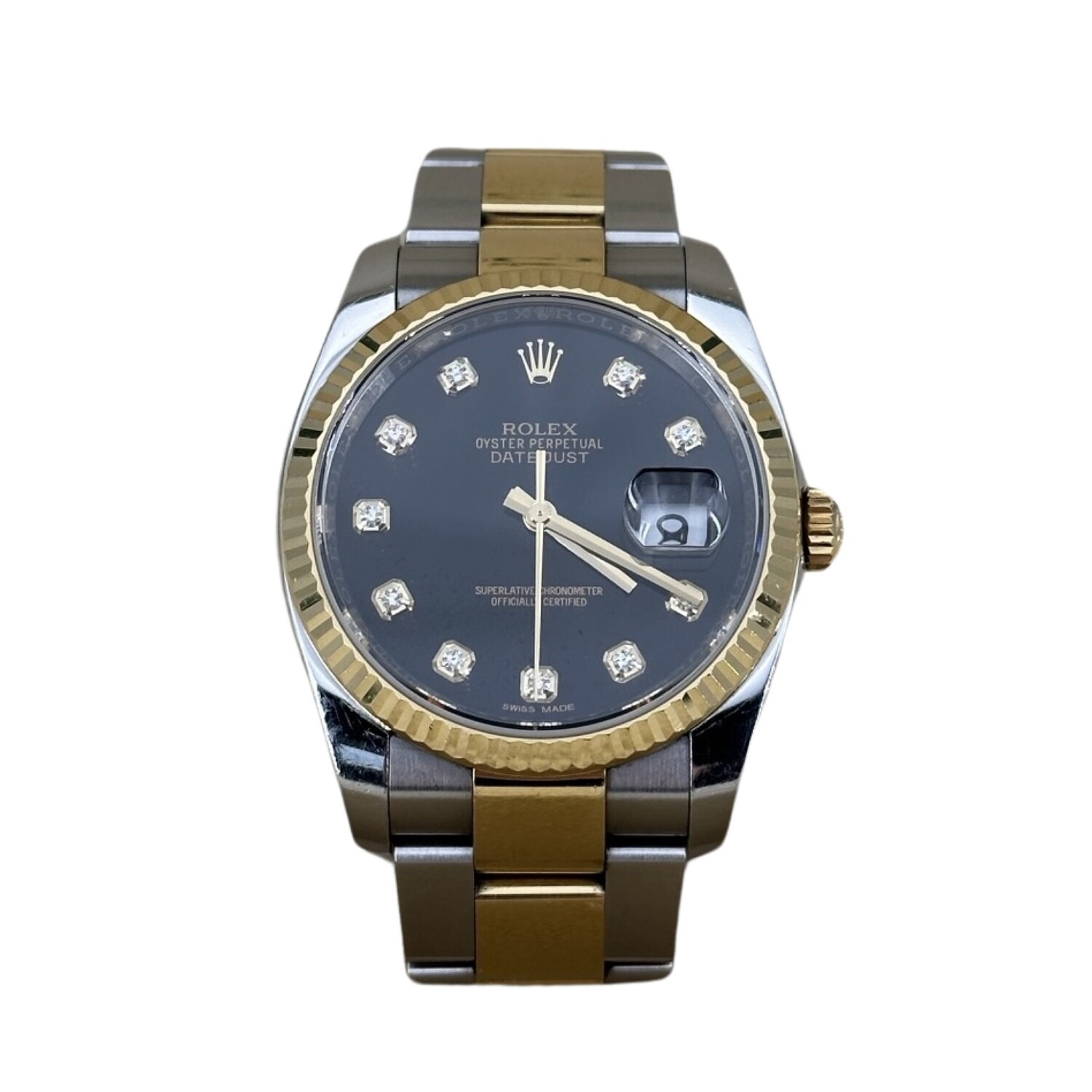 Rolex Datejust 116233 36mm Steel Gold Bracelet Black Face Diamond Markers