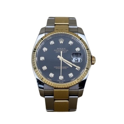 Rolex Datejust 116233 36mm Steel Gold Bracelet Black Face Diamond Markers