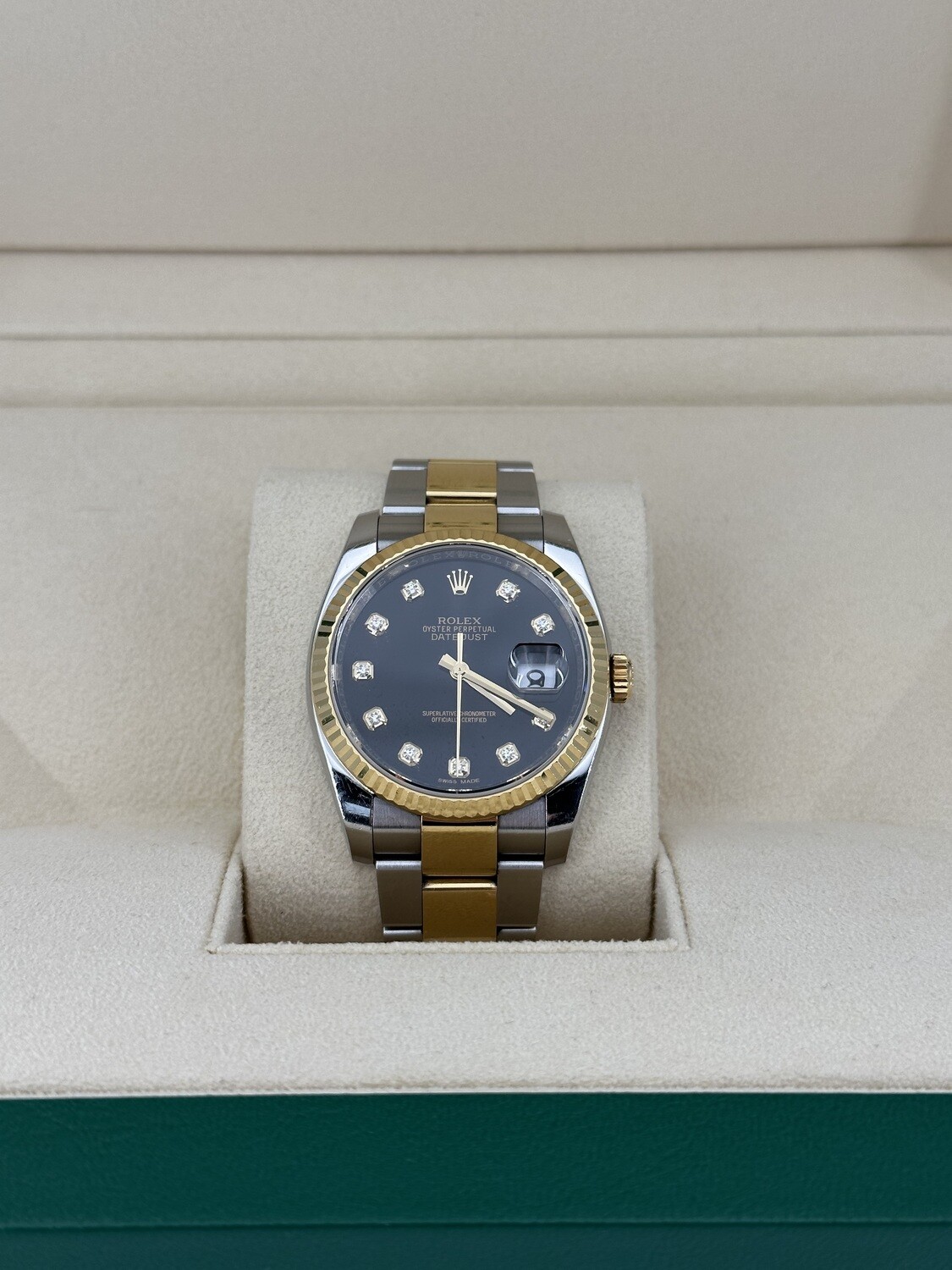 Rolex Datejust 116233 36mm Steel Gold Bracelet Black Face Diamond Markers