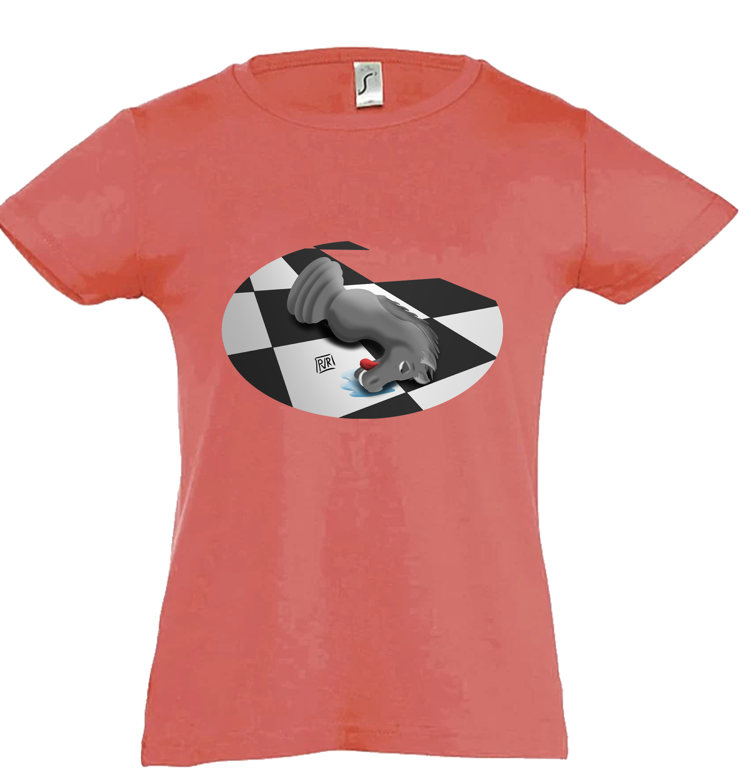 T-shirt kids meisjes unieke tekening Paard Schaak, Kleur: Coral