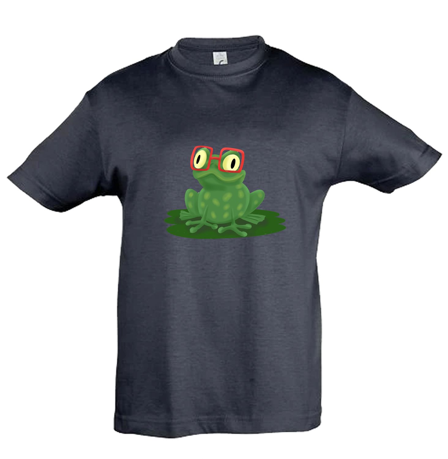 T-shirt kids jongens unieke tekening Kikker, Kleur: Marine Blauw