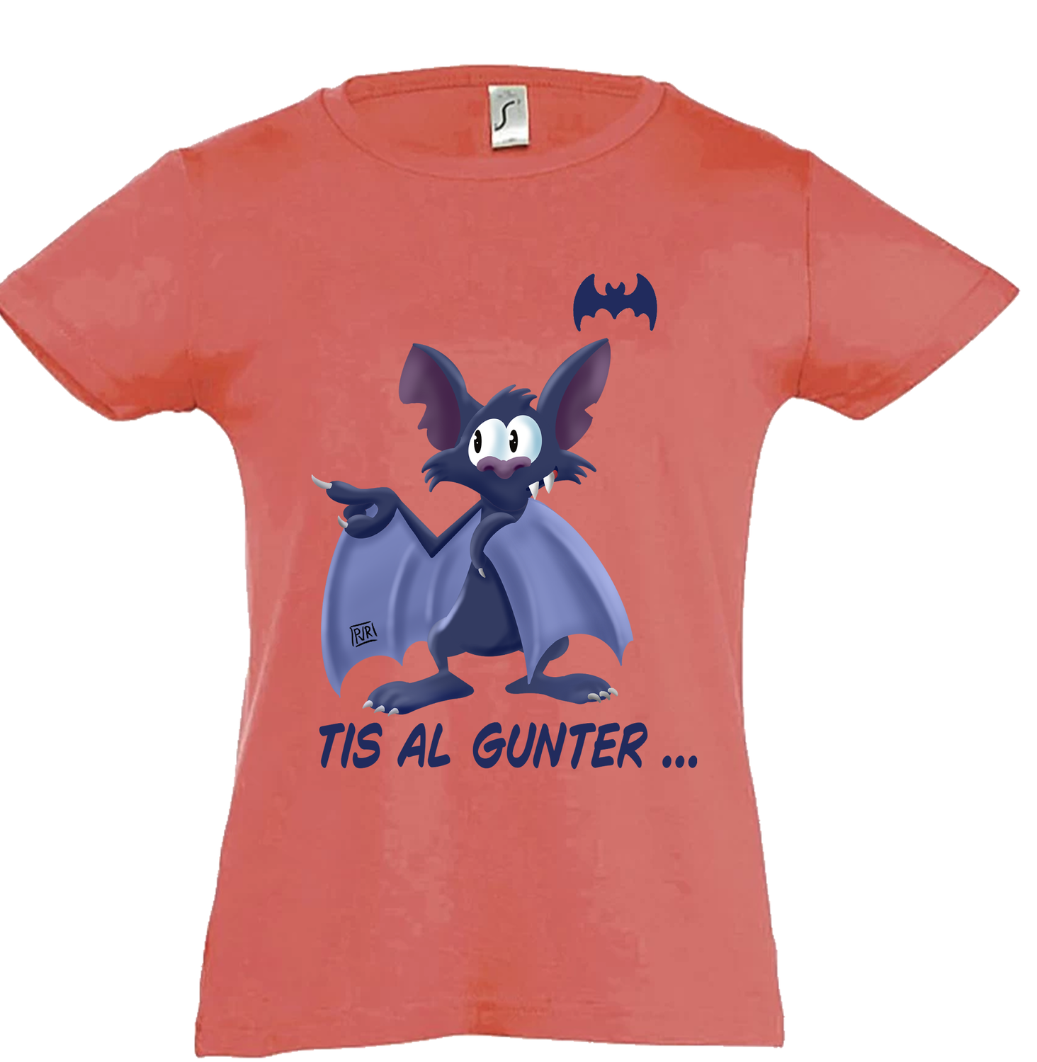 T-shirt kids meisjes unieke tekening Vleermuis, Kleur: Coral