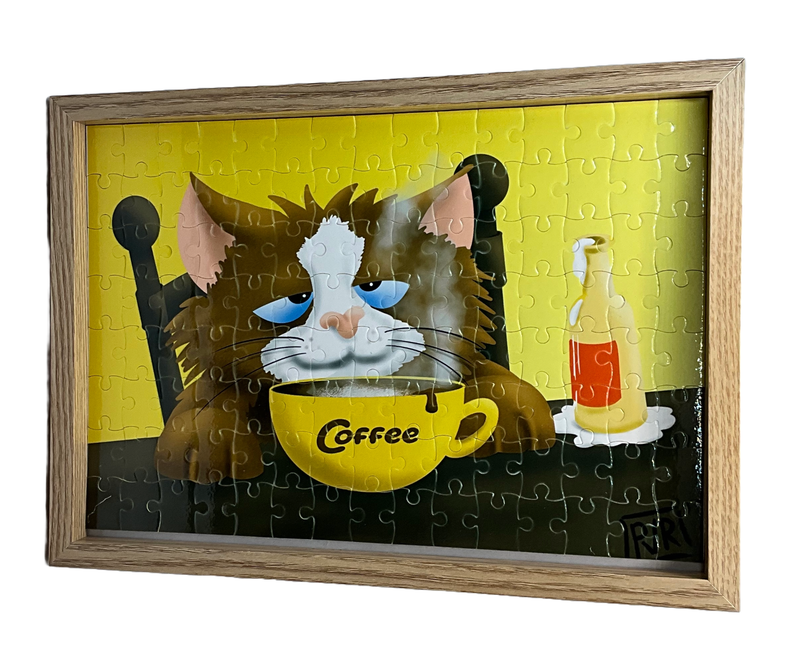 Puzzel 120 stukjes met unieke tekening kat met koffie