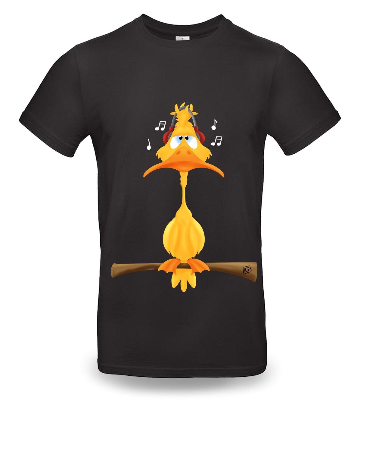 T-shirt met unieke tekening Eend met koptelefoon, Kleur: Zwart