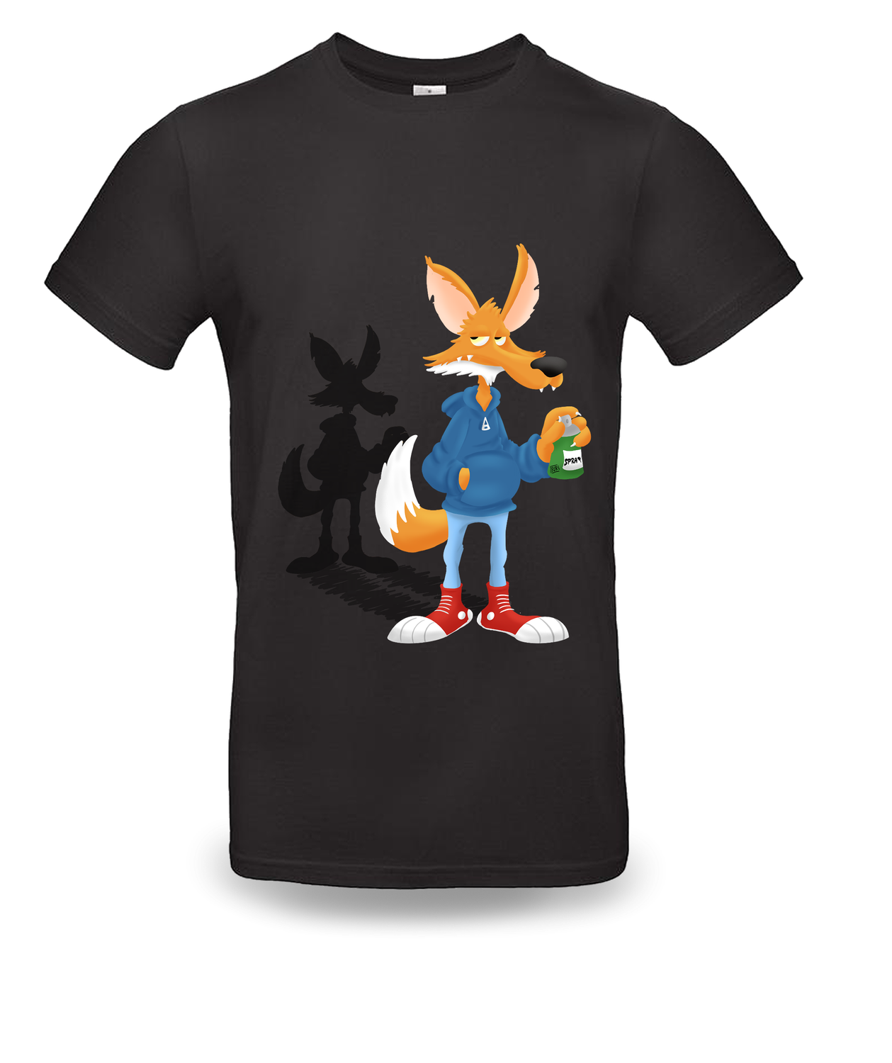 T-shirt met unieke tekening Vos met Hoodie, Kleur: Zwart