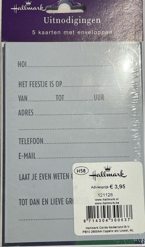 🎉 Uitnodigingen Feestje Hallmark – Set van 5 met Enveloppen ✨