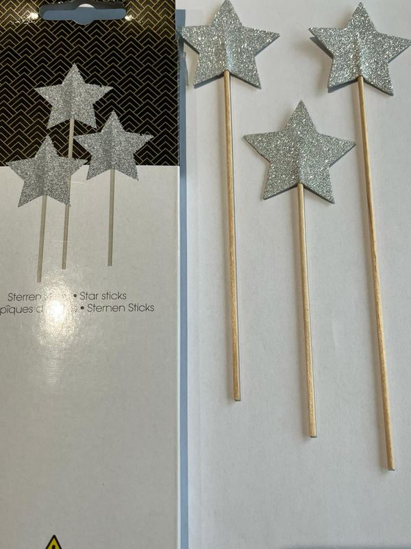 Party Stars Feeststokjes 3 zilveren Sterren 22, 19 en 15 cm