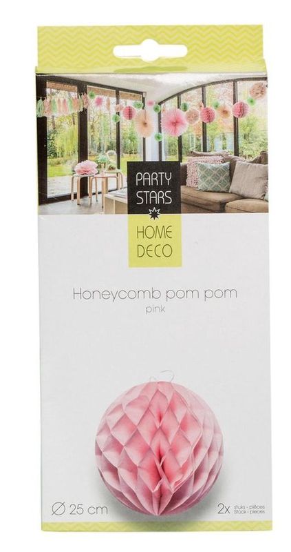 🌸 Party Stars Honeycomb Pom Pom Roze – Ø 25 cm | Set van 2 Stuks ✨