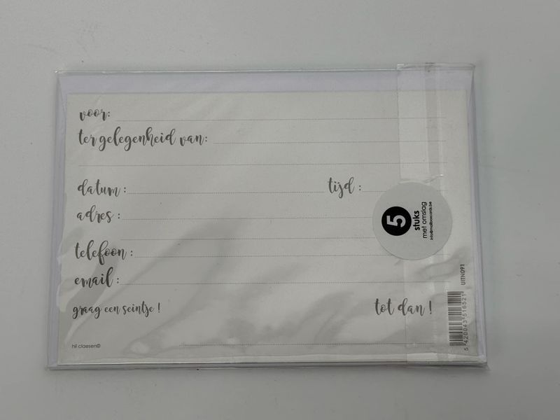 🎉 Uitnodigingen Feestje – Set van 5 Kaartjes met Enveloppen ✨