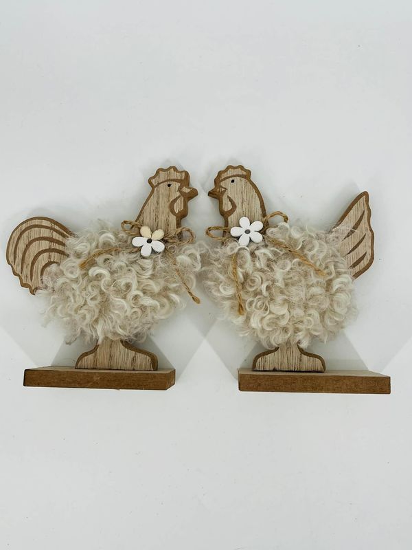 🐔 Set of 2 Wooden Chickens with Light Brown Wool Accent – Rustic Easter Decoration 13.5 cm