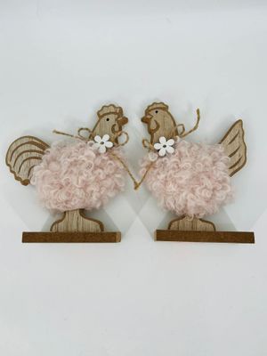 🐔 Set of 2 Wooden Chickens with Pink Wool Accent – Rustic Easter Decoration 13.5 cm