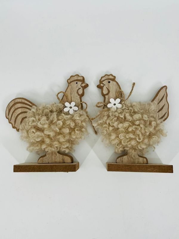 🐔 Set of 2 Wooden Chickens with Light Brown Wool Accent – Rustic Easter Decoration 13.5 cm