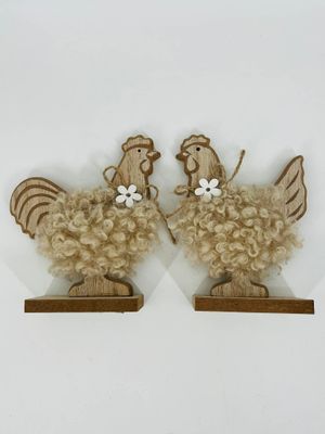 🐔 Set of 2 Wooden Chickens with Light Brown Wool Accent – Rustic Easter Decoration 13.5 cm