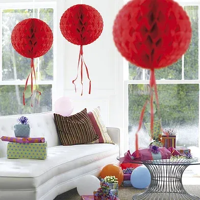 🎈 Red Honeycomb Ball – Ø 30 cm | Festive Paper Pompom Decoration ✨