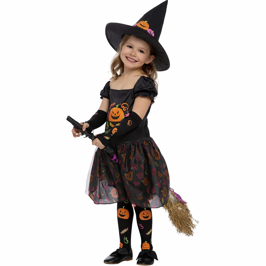 🎃 Kids Witch Costume – Pumpkin Design Dress &amp; Hat