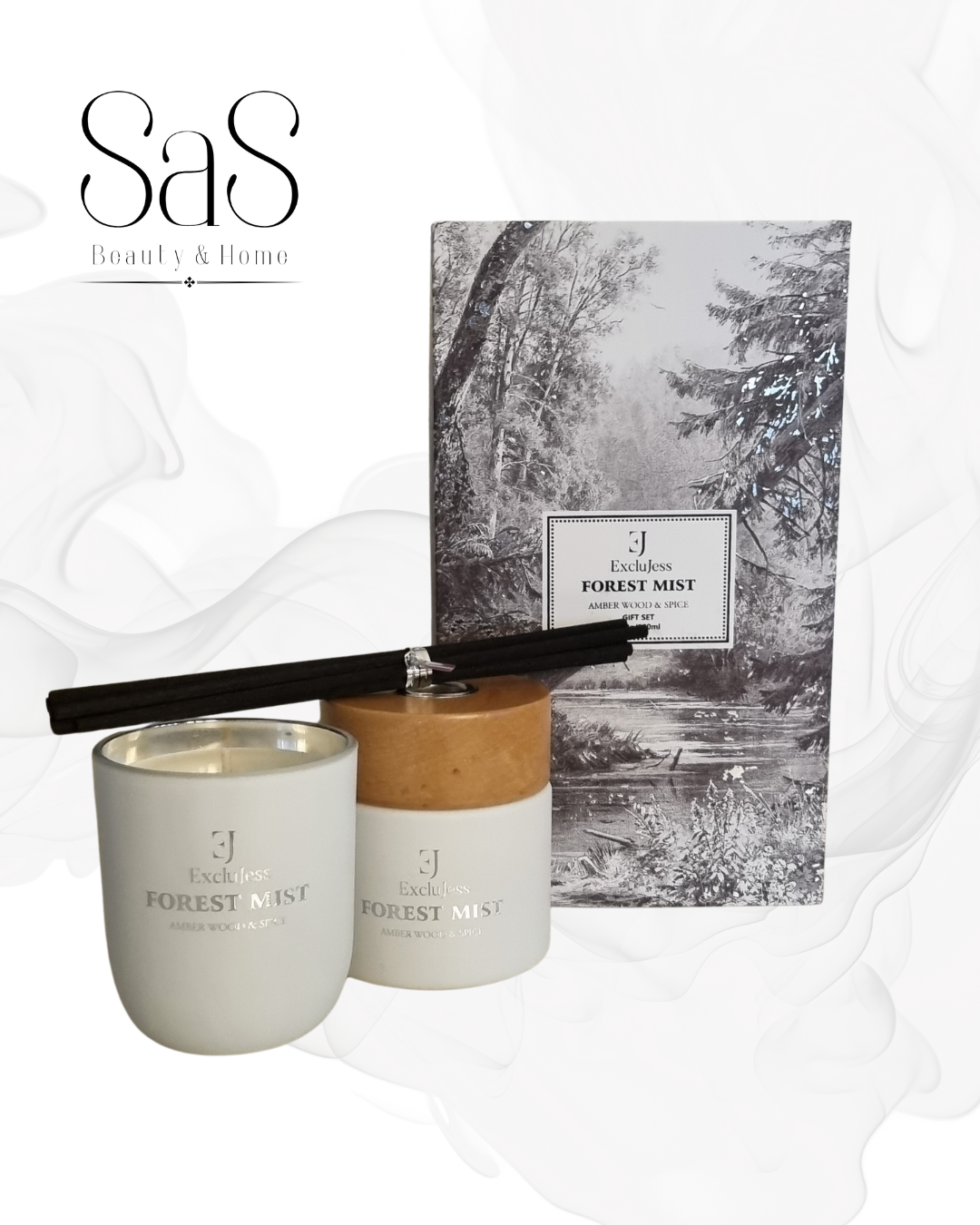 Forest Mist Gift set geurstokjes &amp; kaars – Amber Wood &amp; Spice Exclujess