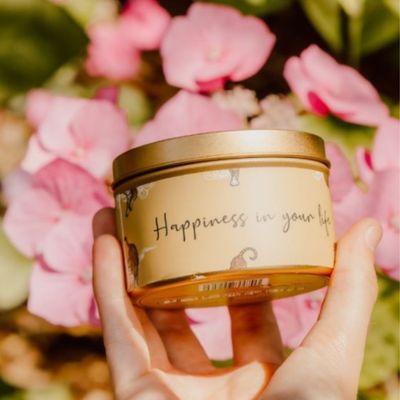 Quote kaars in gouden blik – Happiness in your life