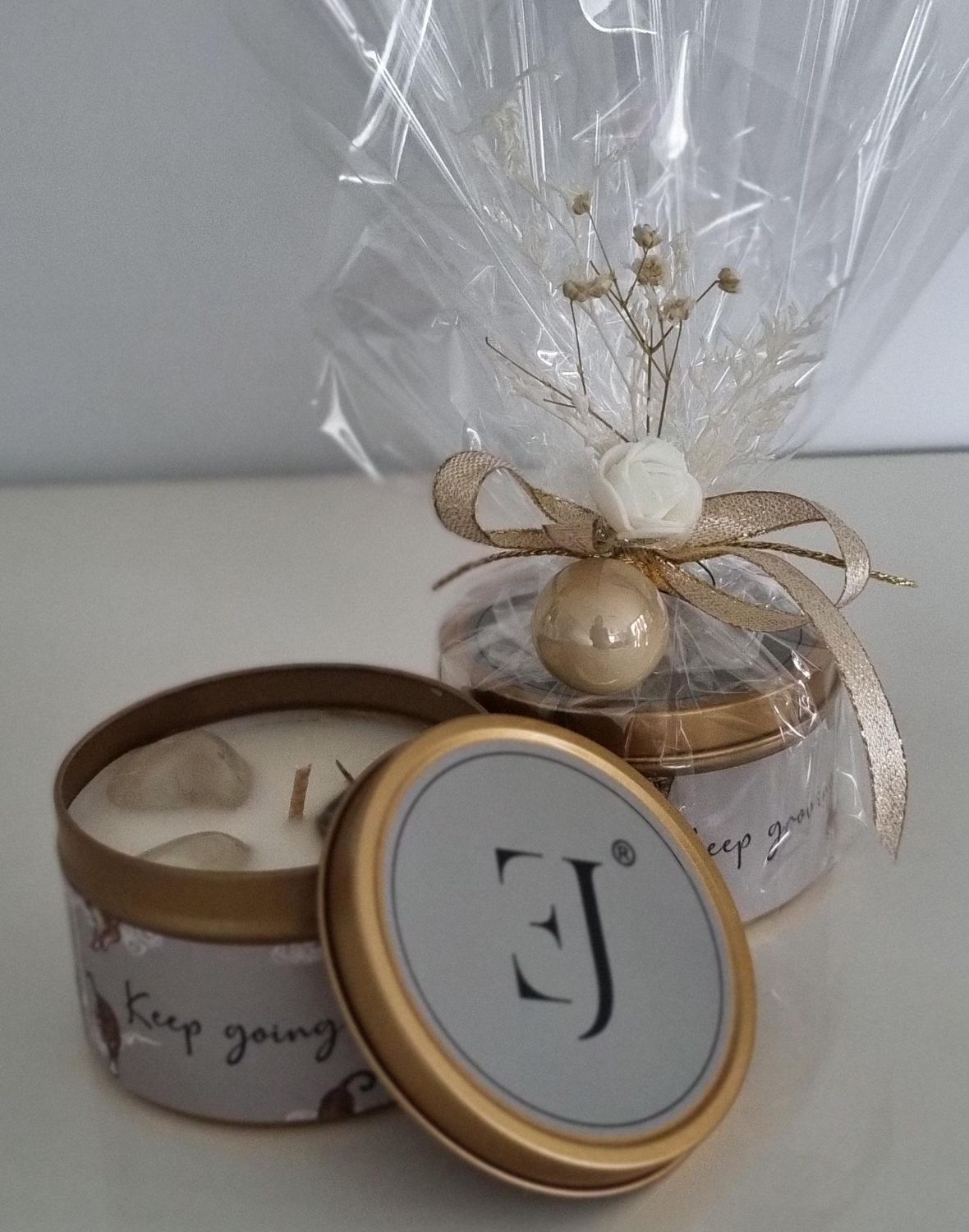 Kerst - Quote kaars in gouden blik – Keep going keep growing