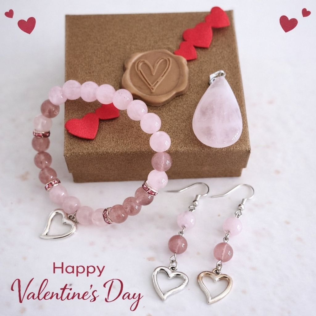 Valentijns Sieradenset – Aardbeienkwarts & Rozenkwarts Valentijns Sieradenset – Aardbeienkwarts & Rozenkwarts