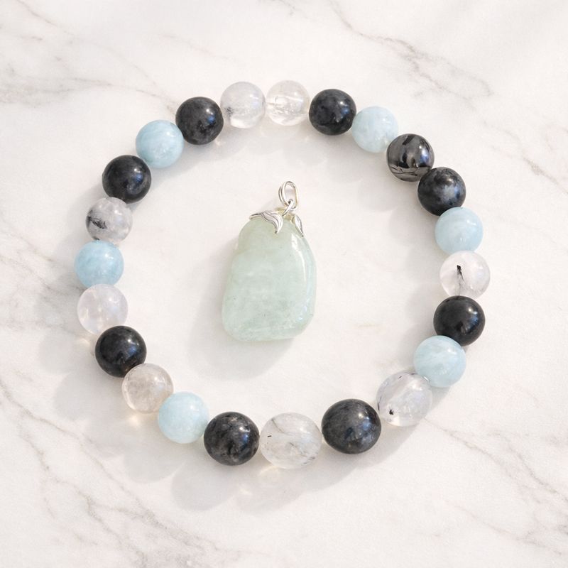 Juwelenset Aquamarijn-tourmalijnkwarts - labradoriet