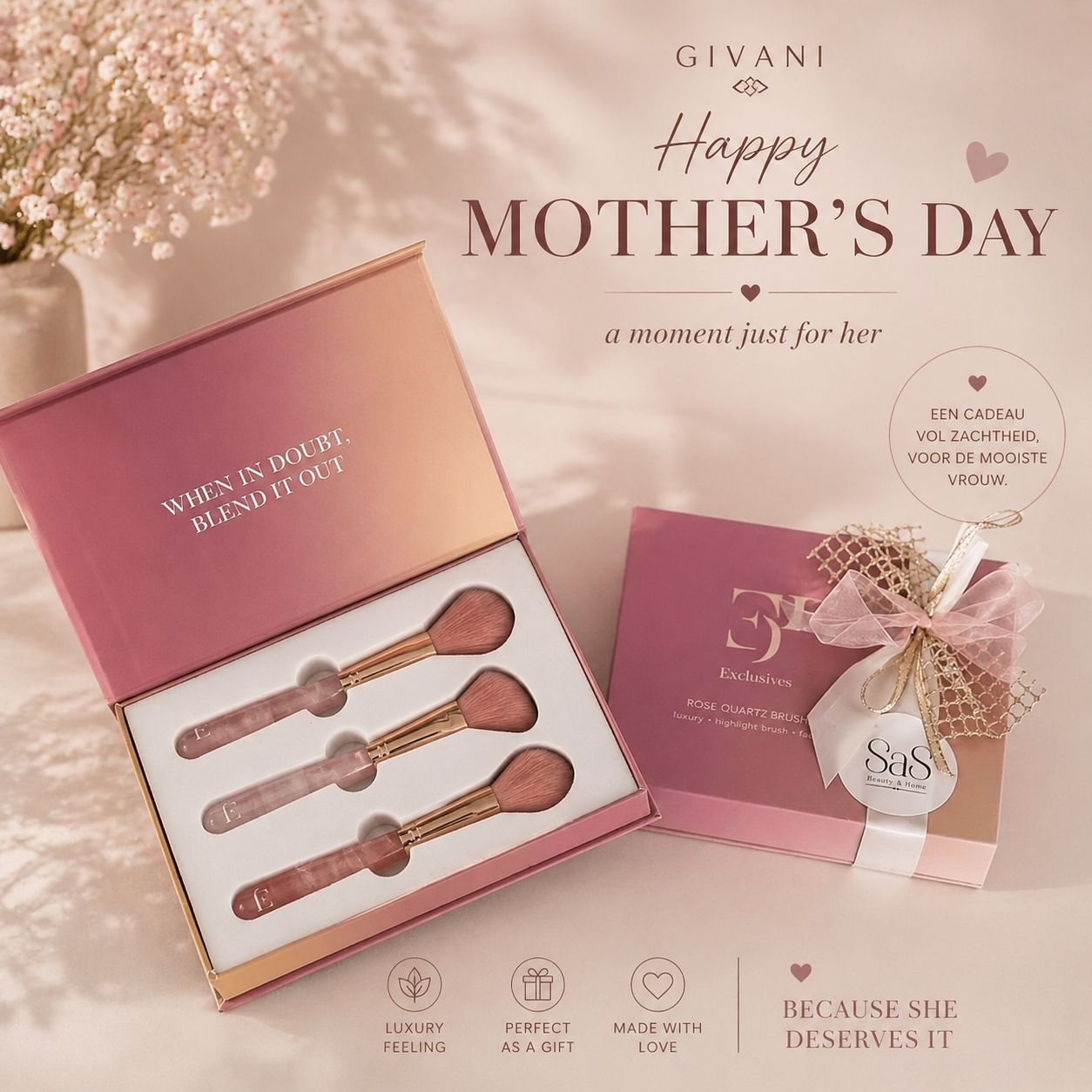 Moederdag Mother’s Day Gift – Rose Quartz Brush Set