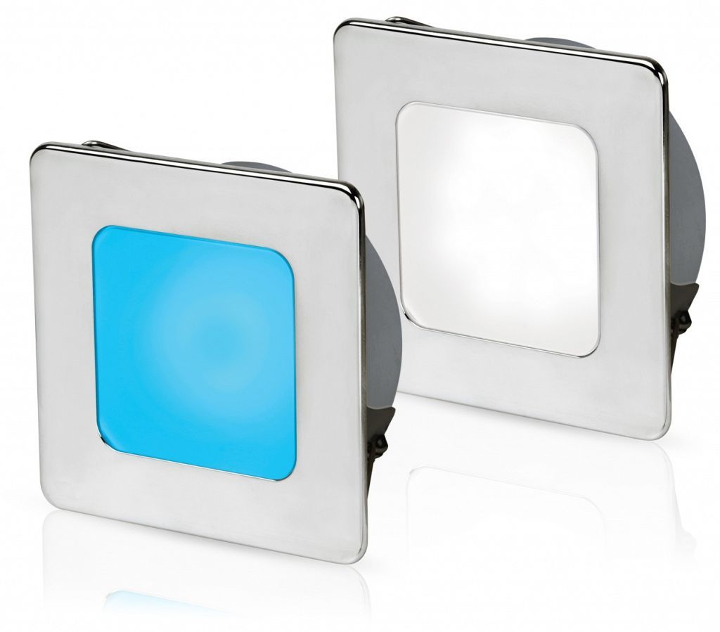 Vierkante Inbouwspot Diameter 95 mm - Hella Marine EuroLED 9-33 Volt - Wit Blauw Licht - RVS Behuizing - Veerclipmontage