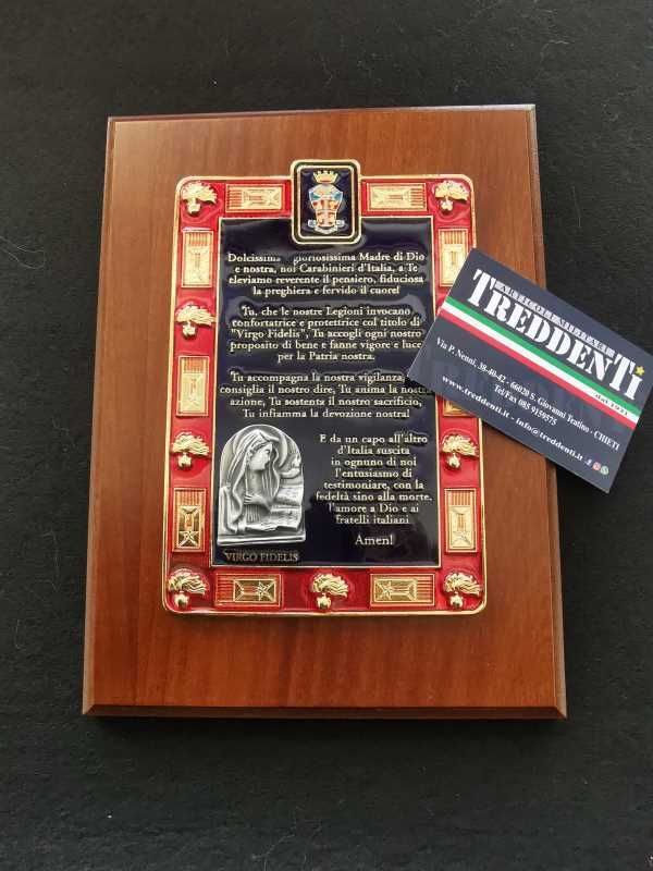 Crest  Virgo Fidelis con preghiera Carabiniere su base legno rettangolare