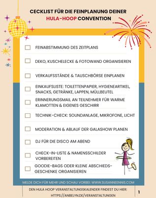 Gratis Checkliste: Teil1: Die ersten Schritte zur eigenen Hula-Hoop-Convention & Teil 2: Checkliste für die Feinplanung deiner Hula-Hoop-Convention