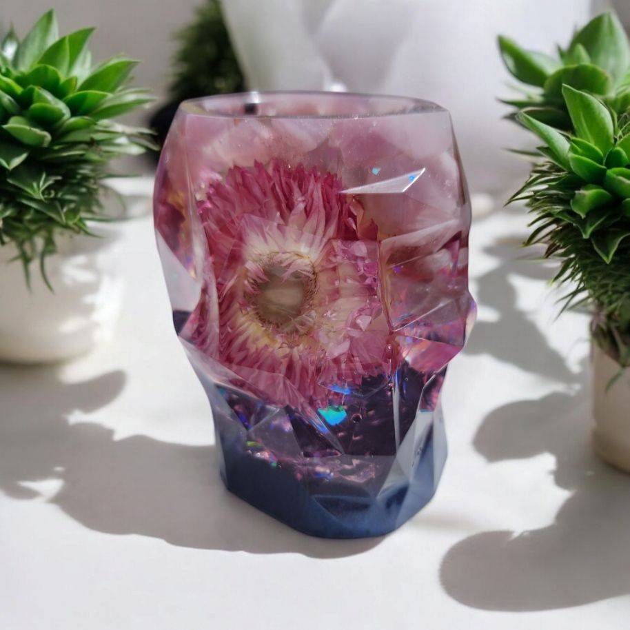 Pink Flower Geometric Skull Pot