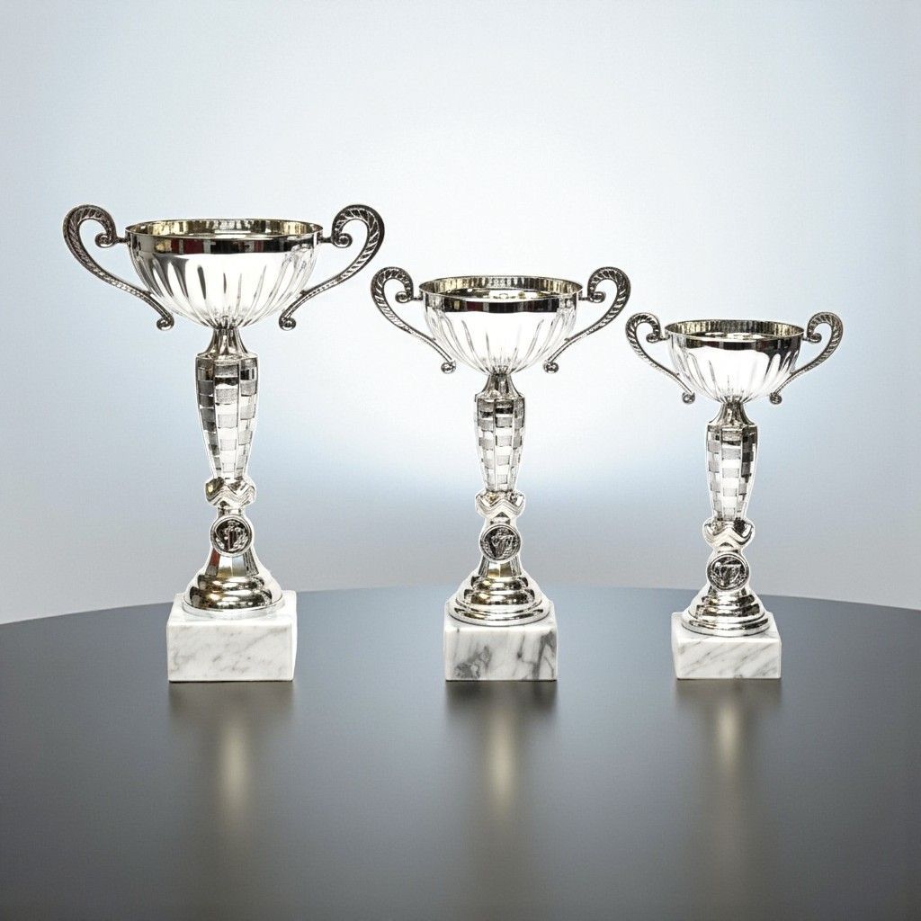 Pokal „Silverstar“ im 3er-Set mit silberfarbener Schale mit Henkel, strukturiertem Schaft, rundem Emblemträger und weißem Mar