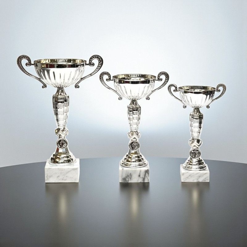 Pokal „Silverstar“ im 3er-Set mit silberfarbener Schale mit Henkel, strukturiertem Schaft, rundem Emblemträger und weißem Mar