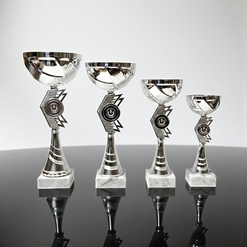 Pokal Pokal „Enterprise“ im 4er-Set mit silberfarbenen Metallschalen, modernem Mittelteil mit Emblemträger, schlankem Stiel und wei