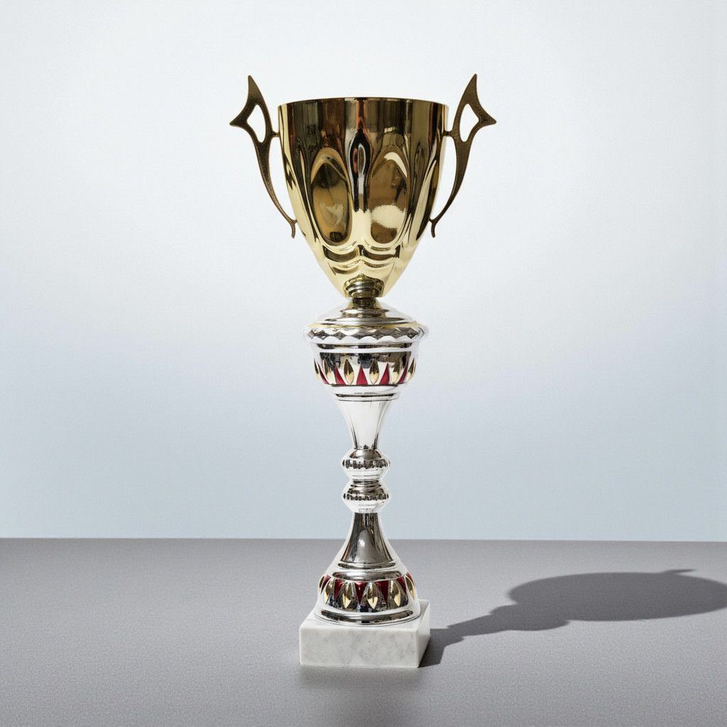 Großer Pokal mit Deckeloption, goldfarbener Kelch, silberner Schaft und weißem Carrara-Marmorsockel