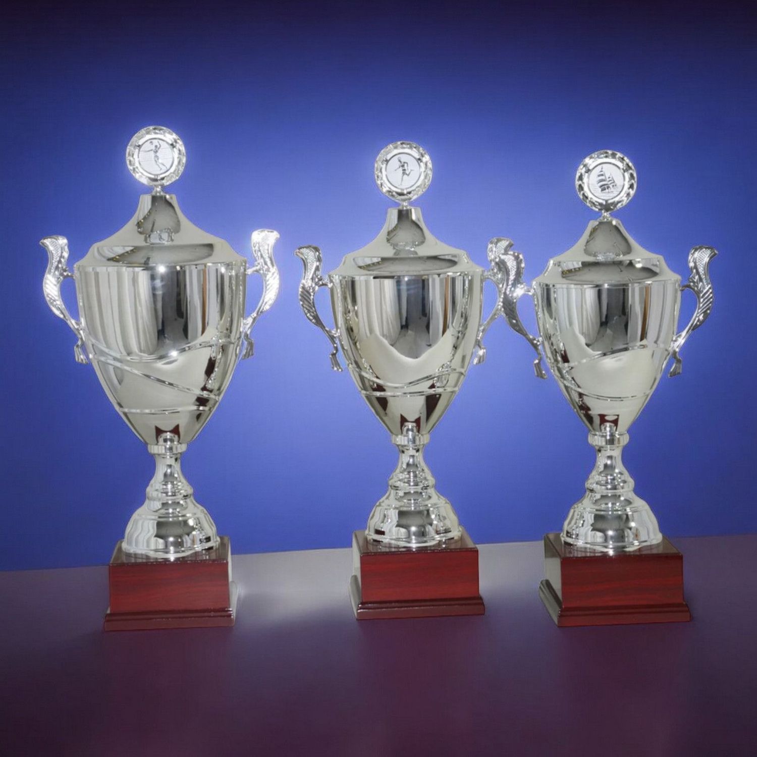 Wanderpokal-Serie Maximus in Silberoptik mit Deckel, Kranz, seitlichen Henkeln und Holzsockel