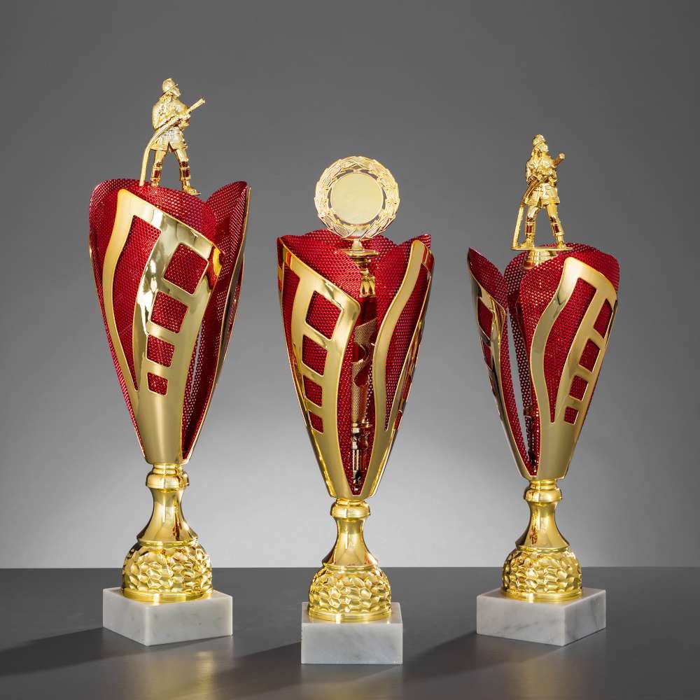 Exklusiver Metallpokal „Jena“ in Gold-Rot mit modernem Design, drei Größen auf Marmorsockel, mit Kranz oder Figur