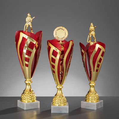 Exklusiver Metallpokal „Jena“ in Gold-Rot mit modernem Design, drei Größen auf Marmorsockel, mit Kranz oder Figur