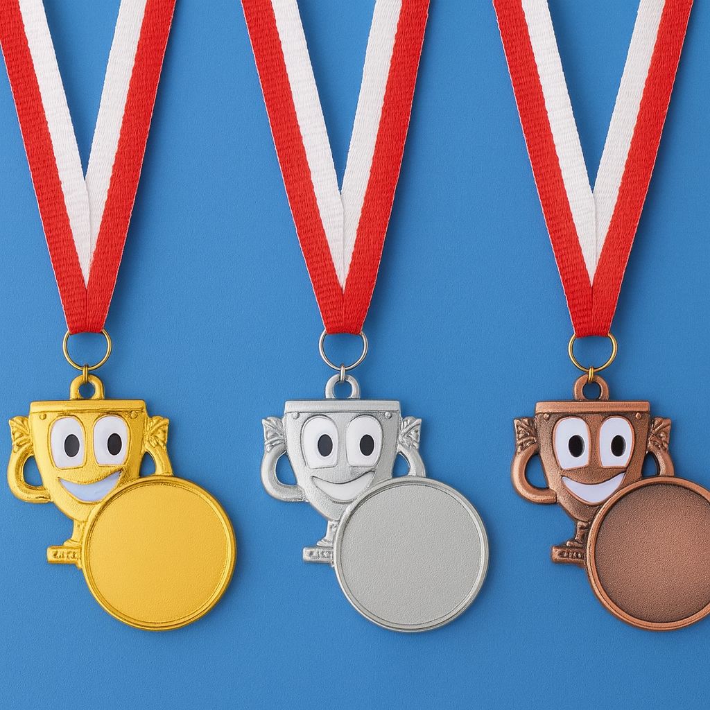 Kindermedaille mit Comic-Pokal in Gold, Silber und Bronze, Ø 2,5 cm, inkl. Band und Emblem