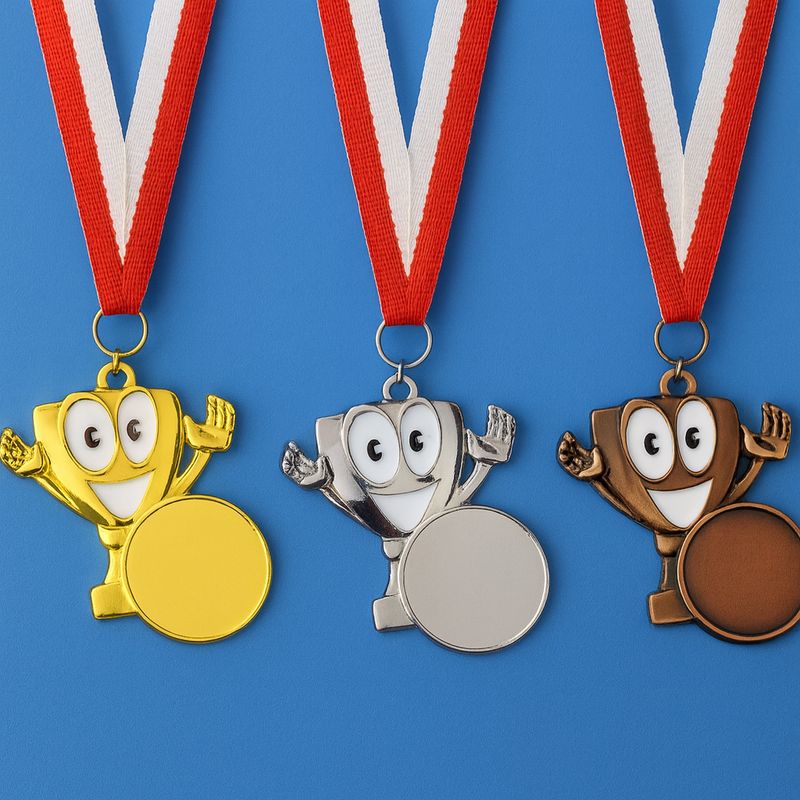 Kindermedaille mit Comic-Pokalfigur in Gold, Silber und Bronze, 4 × 4,5 cm, inkl. Band