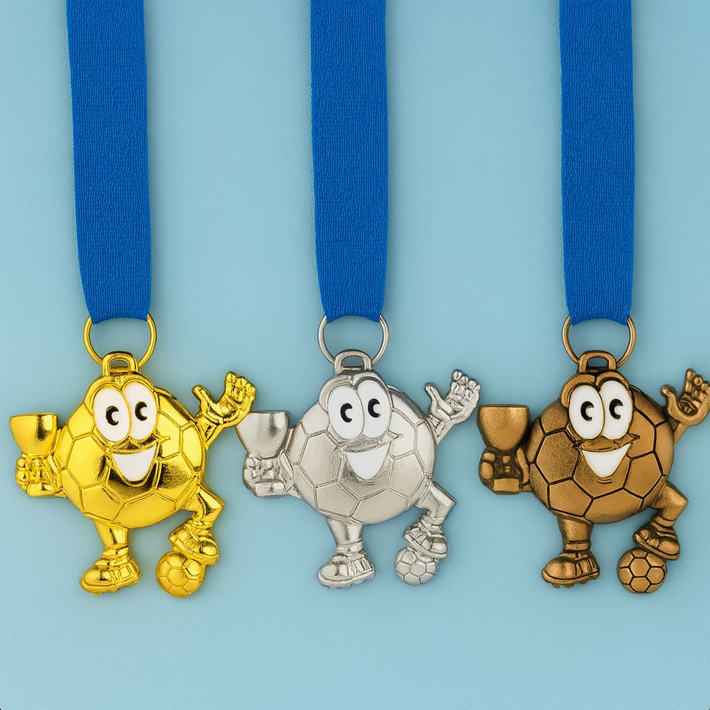 Kindermedaille mit Comic-Fußballfigur in Gold, Silber und Bronze, 4 × 4,5 cm, inkl. Band