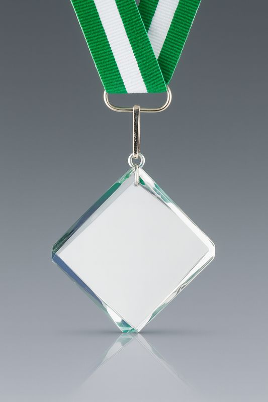 Quadratische Glasmedaille klar transparent, 8–9 cm, Stärke 10 mm, inkl. Band