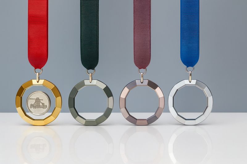 Runde Glasmedaille mit Metallring, Ø 8 cm, Stärke 10 mm, in Gold, Silber, Bronze oder klar