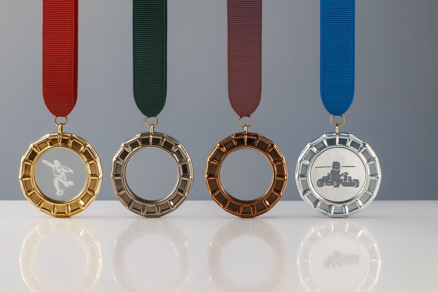 Runde Glasmedaille mit Metallring, Ø 7 cm, Stärke 10 mm, in Gold, Silber, Bronze oder klar